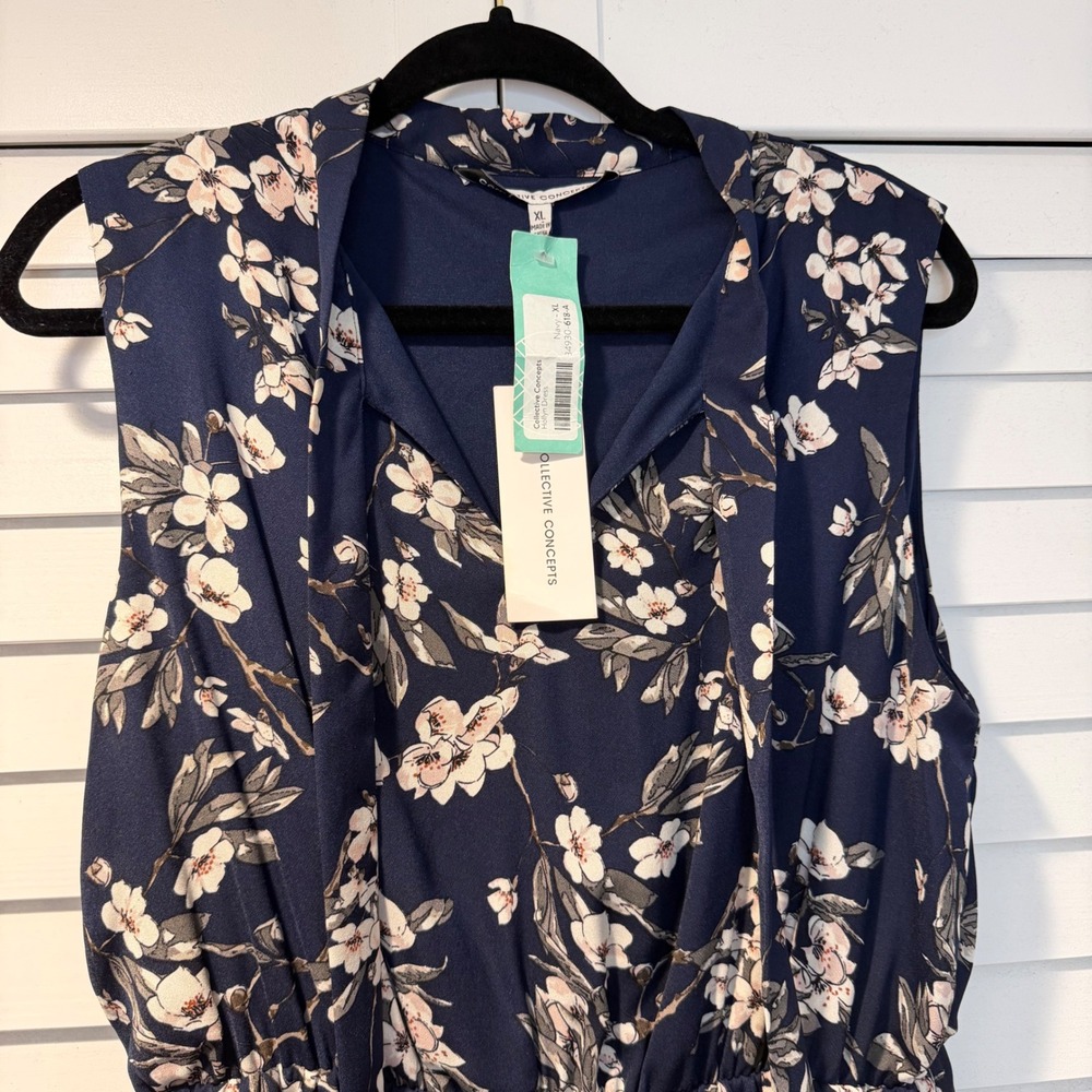 Collective Concepts Hollyn Dress‎ Navy Blue Floral Sleeveless XL Elastic Waist - Picture 2 of 14